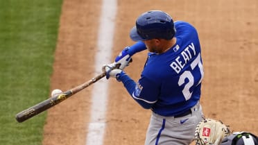 Kansas City Royals' Matt Beaty runs to first base after hitting a single  against the Los Angeles Angels during the eighth inning of a baseball game,  Sunday, June 18, 2023, in Kansas