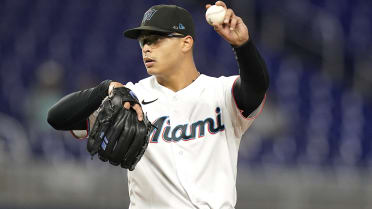 Miami Marlins catcher Payton Henry makes the throw to second base