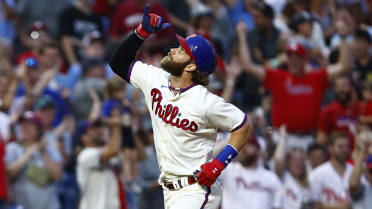 Washington Nationals outfielder Bryce Harper (34) hits go ahead home run  during the top of the tenth inning of game against the Philadelphia  Phillies at Citizens Bank Park in Philadelphia, Pennsylvania on