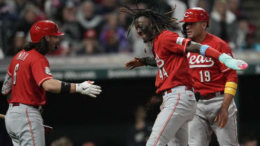 Cincinnati Reds' Elly De La Cruz (44) puts on a viking helmet after hitting  a home run during the second inning of a baseball game against the Los  Angeles Dodgers in Los