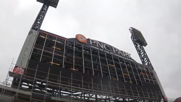 This is the new LED scoreboard at PNC Park, during a media preview,  Tuesday, April 4, 2023, in Pittsburgh of improvements made this past  off-season in preparation for the Pittsburgh Pirates home