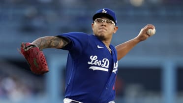 Relief pitcher Julio Urias of the Los Angeles Dodgers pitches