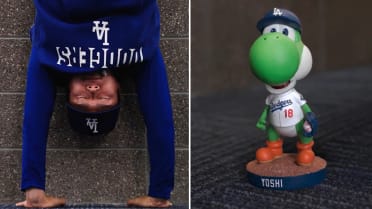Yoshinobu Yamamoto meets Yoshi in Dodgers Super Mario bobblehead