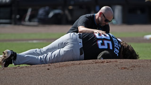 Ryan Weathers hit in head by throw to second base
