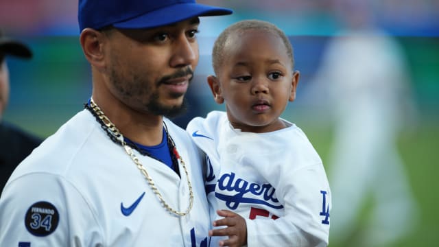 Mookie Betts' son Kaj throws first pitch