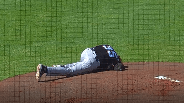 Ryan Weathers hit in head by throw to second base