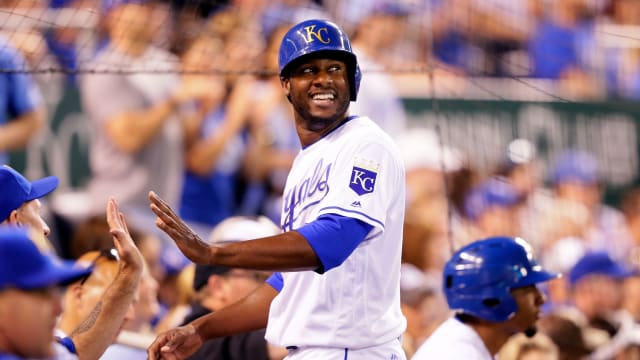 Press release: Lorenzo Cain celebration at Kauffman Stadium