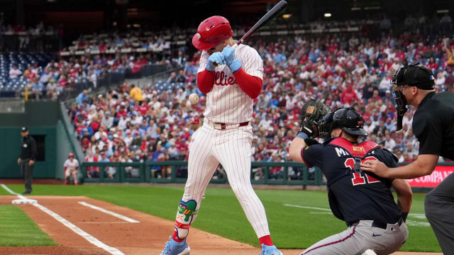 Bryce Harper exits after hit by pitch on right elbow