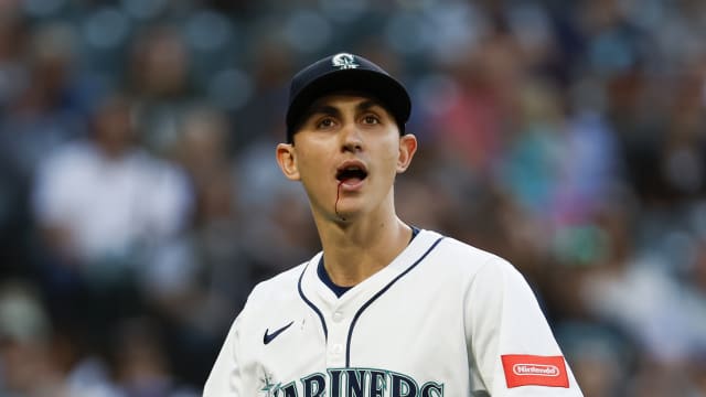 George Kirby hit in the mouth by line drive