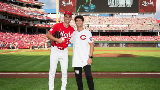 F2 racer Jak Crawford throws out first pitch at Reds game