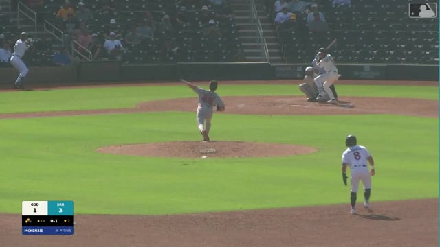 Demetrio Crisantes doubles (2) on a line drive to right fielder Owen Carey. Kyle DeBarge scores.