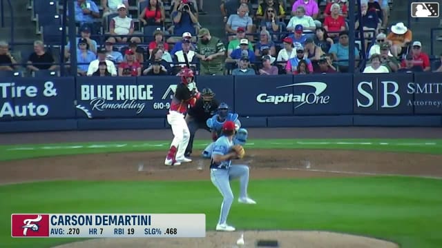 Carson DeMartini doubles (6) on a line drive to center fielder Chris Suero. Aroon Escobar scores.