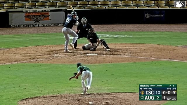 Taitn Gray singles on a ground ball to center fielder Caleb Klein. Cooper Flemming scores.