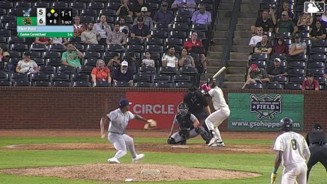 Easton Carmichael singles on a line drive to right fielder Elijah Green. Yordany De Los Santos scores.