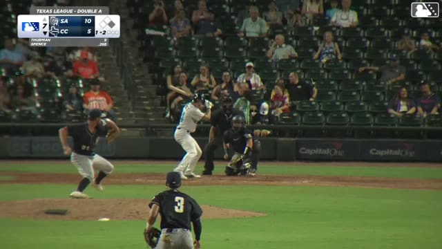 Lucas Spence singles on a line drive to center fielder Kai Roberts. Yamal Encarnacion scores.