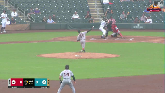 Jared Thomas doubles (3) on a line drive to center fielder Dakota Jordan. Kyle DeBarge scores.