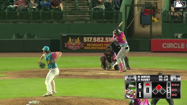 Eduardo Quintero doubles (16) on a soft fly ball to right fielder Rodney Green Jr. Charles Davalan scores.