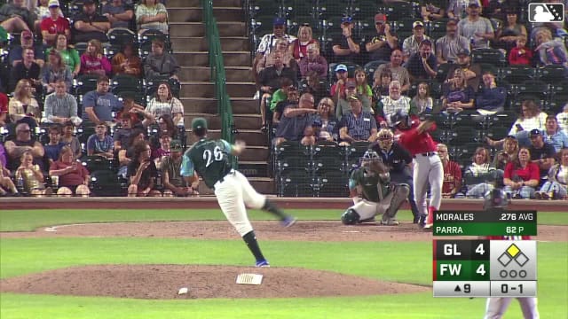Emil Morales doubles (16) on a line drive to left fielder Kasen Wells. Eduardo Quintero scores.