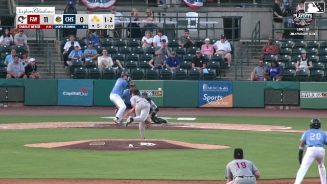 Cooper Flemming doubles (2) on a line drive to left fielder Owen Nowak. Alberth Palma scores. Slater de Brun scores.