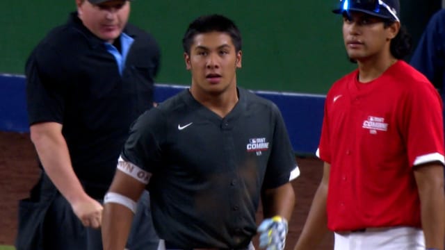Bruin Agbayani lines a triple