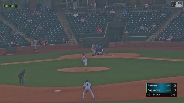 Jared Thomas triples (5) on a sharp fly ball to center fielder Angeibel Gomez. Kyle DeBarge scores.