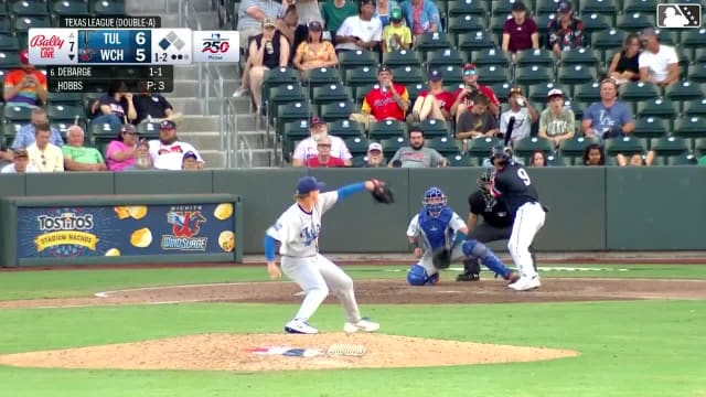 Kyle DeBarge singles on a line drive to left fielder Zyhir Hope. Garrett Spain scores.
