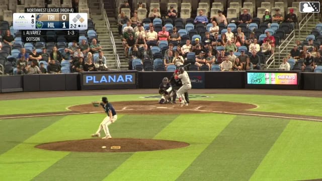 Hayden Alvarez homers (1) on a line drive to left field. Slate Alford scores.