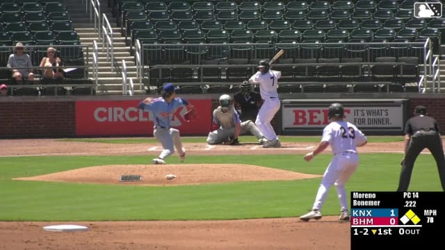 Caleb Bonemer doubles (1) on a ground ball to third baseman Edgar Alvarez. Jacob Burke scores. Alec Briley to 3rd.