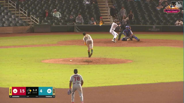Jared Thomas doubles (4) on a sharp fly ball to right fielder Jake Cook. Demetrio Crisantes scores.