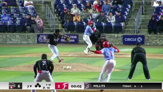 Eli Willits out on a sacrifice fly to left fielder Paulino Santana in foul territory. Nick Peoples scores. Jordan Williams scores. Juan Cruz to 2nd. Missed catch error by third baseman Esteban Mejia.