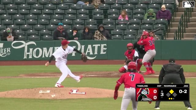 Rainiel Rodriguez singles on a ground ball to left fielder Charles Davalan. Tai Peete scores.