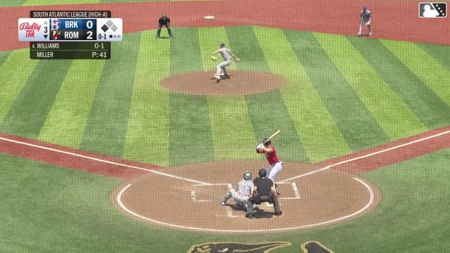 Dixon Williams doubles (4) on a line drive to right fielder Yohairo Cuevas, deflected by first baseman Trace Willhoite. John Gil scores.