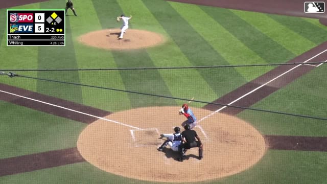 Tanner Thach singles on a line drive to right fielder Cesar Quintas. Ethan Hedges scores.