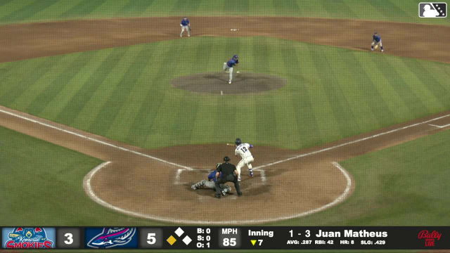 Juan Matheus singles on a soft bunt ground ball to third baseman Dom Krupinski. Adrian Santana scores.