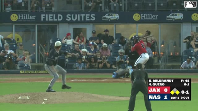 Jeferson Quero singles on a sharp line drive to left fielder Rece Hinds. Greg Jones scores. Tyler Black to 2nd.