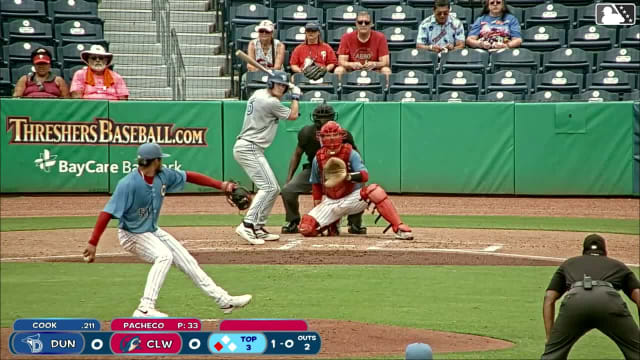 Jake Cook singles on a line drive to center fielder Victor Cardoza. Eric Snow scores.