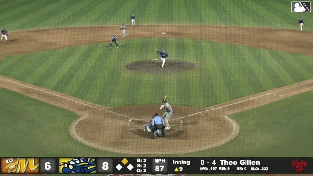 Theo Gillen singles on a line drive to left fielder Brendan Jones. Caden Bodine scores.