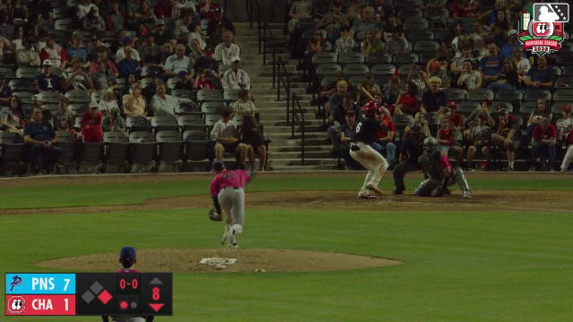 Cam Collier doubles (10) on a sharp fly ball to center fielder Emaarion Boyd. Shane Sasaki scores.