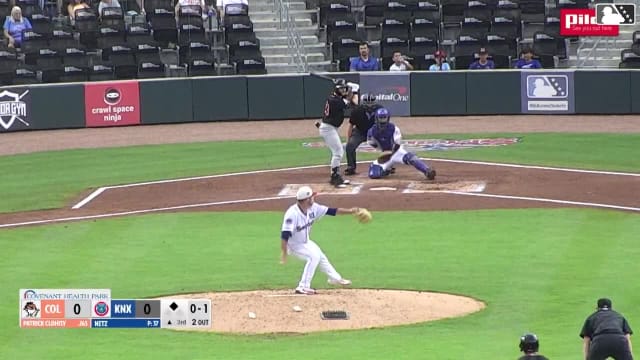 Patrick Clohisy singles on a fly ball to center fielder Karson Simas. Logan Braunschweig scores.