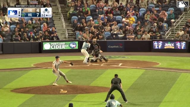 Kayson Cunningham doubles (15) on a sharp line drive to center fielder Hayden Alvarez. José Mejía scores.