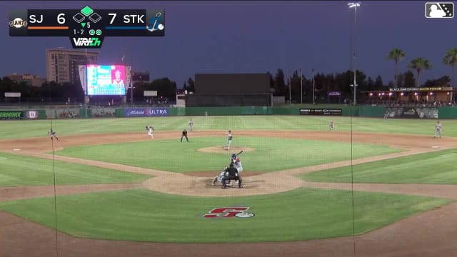 Edgar Montero doubles (4) on a sharp fly ball to center fielder Andy Polanco. Bobby Blandford scores.