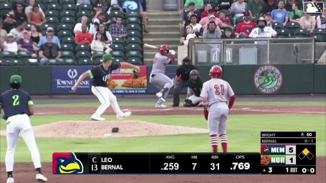 Leo Bernal doubles (8) on a line drive to right fielder Jud Fabian. César Prieto scores.