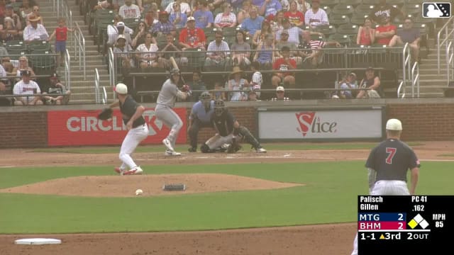 Theo Gillen singles on a ground ball to right fielder Dylan Campbell. Austin Overn scores.