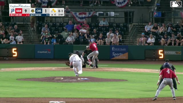 Billy Carlson singles on a line drive to right fielder Slater de Brun. Crew McChesney scores. Matthew Boughton to 3rd.