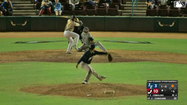 Alex Conover doubles (4) on a sharp line drive to right fielder Hayden Yost. Nu'u Contrades scores.