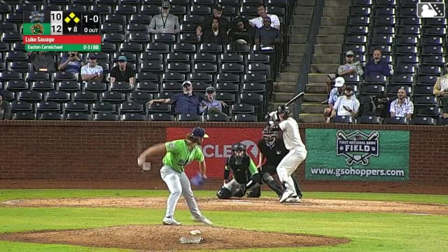 Easton Carmichael hits a grand slam (8) to center field. Murf Gray scores. Carlos Caro scores. Jared Jones scores.
