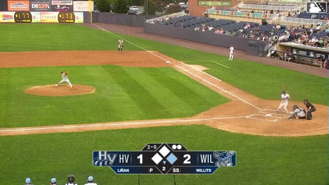 Eli Willits doubles (12) on a line drive to center fielder Maika Niu. Elijah Nunez scores.
