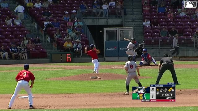 Dauri Fernandez doubles (3) on a line drive to right fielder Jayson Bass. Victor Izturis scores. Tommy Hawke scores.
