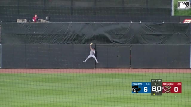 Carson Roccaforte leaps at the wall and robs a homer