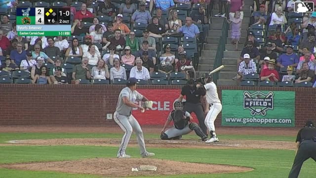 Easton Carmichael singles on a sharp line drive to left fielder Elijah Nunez. Dylan Palmer scores. Jesus Castillo scores.